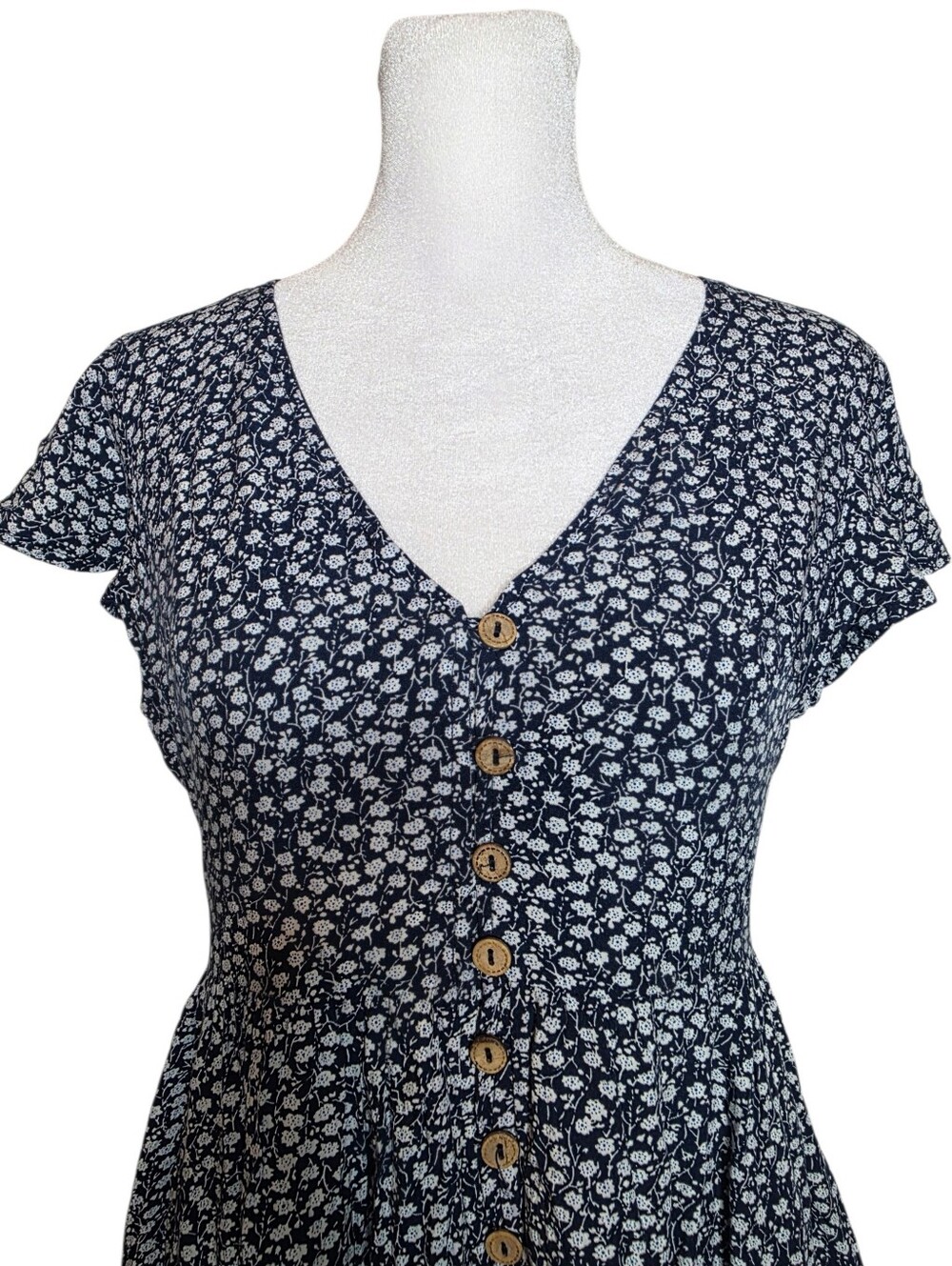 Hello Molly Women's Blue/White Floral V-Neck Button Front Flutter Mini Dress Med - Picture 3 of 9